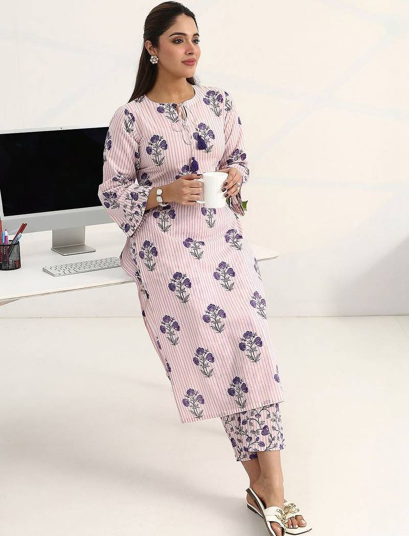 libas purple floral printed straight kurta set