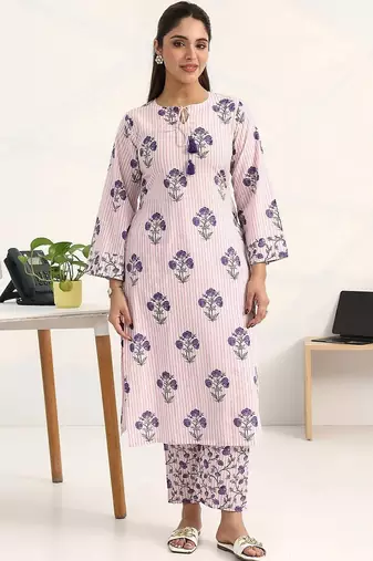 libas purple floral printed straight kurta set