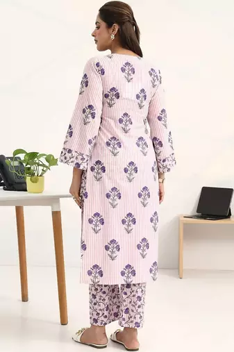 libas purple floral printed straight kurta set