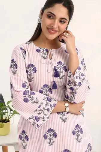 libas purple floral printed straight kurta set