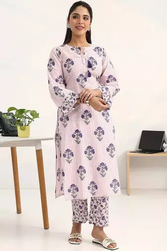 libas purple floral printed straight kurta set