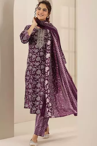 women floral printed regular thread work kurta with trousers & with dupatta