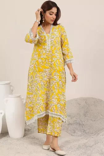 floral printed v-neck a-line kurta with trousers