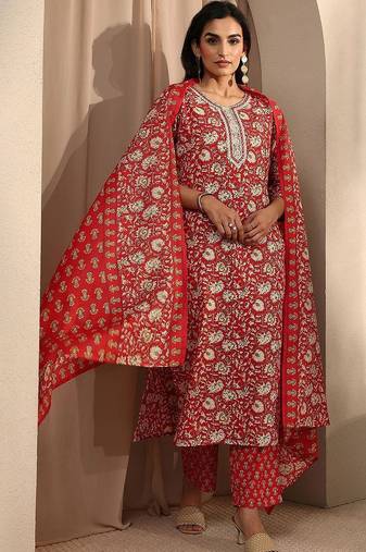 women floral printed regular thread work kurta with trousers & with dupatta
