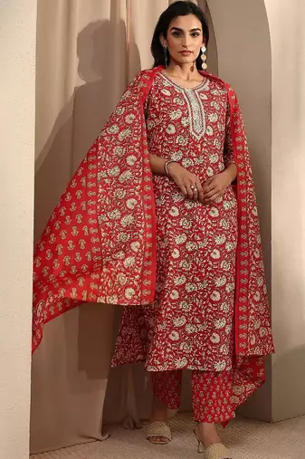 women floral printed regular thread work kurta with trousers & with dupatta