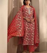 women floral printed regular thread work kurta with trousers & with dupatta