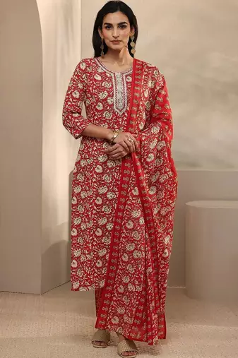 women floral printed regular thread work kurta with trousers & with dupatta