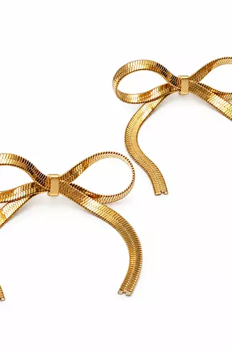 Gold bow stud earrings, herringbone chain, anti-tarnish