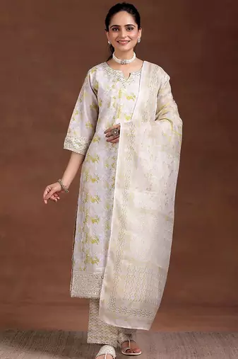 women ethnic motifs printed regular kurta with trousers & with dupatta