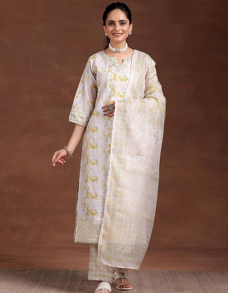 women ethnic motifs printed regular kurta with trousers & with dupatta