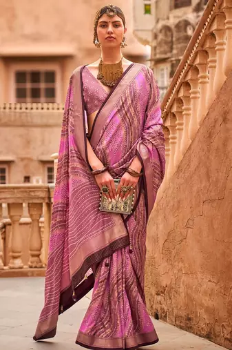 Pink ethnic motifs silk blend saree