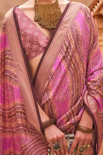 Pink ethnic motifs silk blend saree