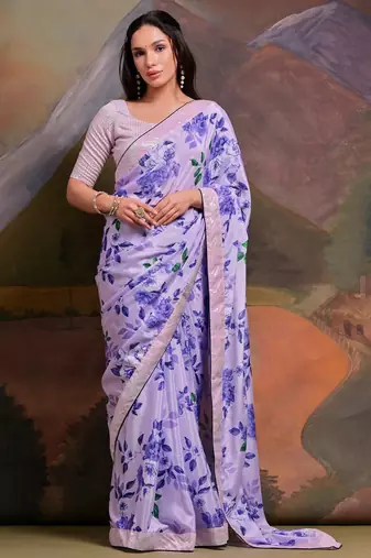Lavender floral sequinned embellished border  chiffon saree