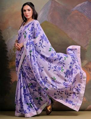 Lavender floral sequinned embellished border  chiffon saree 2
