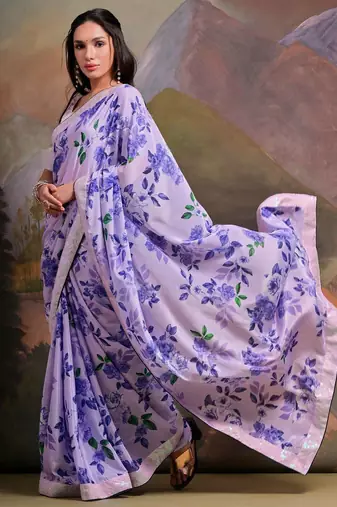 Lavender floral sequinned embellished border  chiffon saree