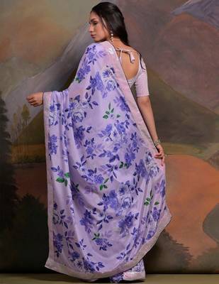 Lavender floral sequinned embellished border  chiffon saree 3