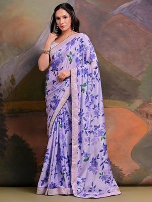 Lavender floral sequinned embellished border  chiffon saree 4