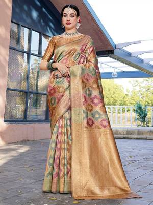 Pink pink & green woven design ethnic motifs zari organza saree 1