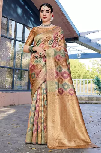 Pink pink & green woven design ethnic motifs zari organza saree