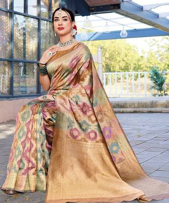Pink pink & green woven design ethnic motifs zari organza saree 3