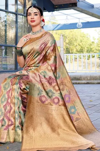 Pink pink & green woven design ethnic motifs zari organza saree