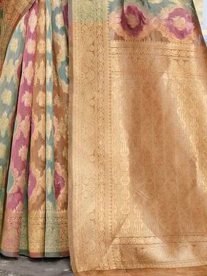 Pink pink & green woven design ethnic motifs zari organza saree 4