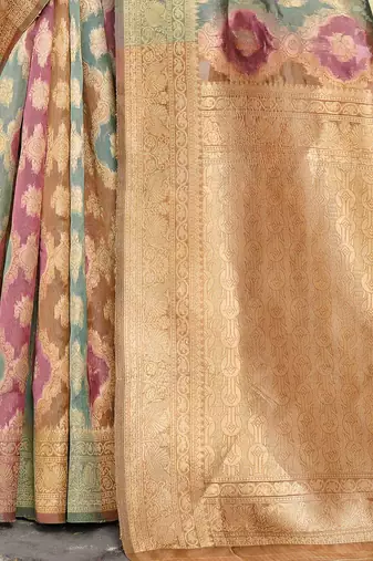 Pink pink & green woven design ethnic motifs zari organza saree