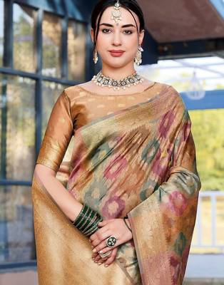 Pink pink & green woven design ethnic motifs zari organza saree 5