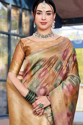Pink pink & green woven design ethnic motifs zari organza saree