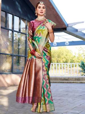 Green abstract woven design zari organza saree 1