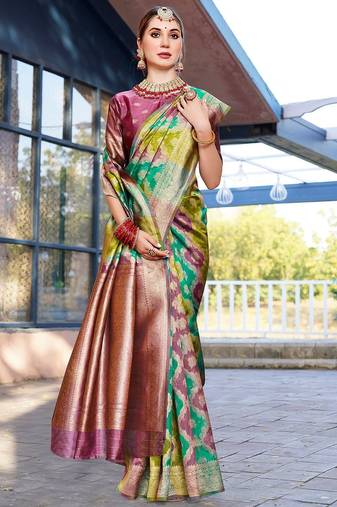 Green abstract woven design zari organza saree