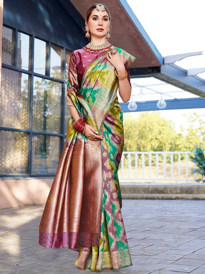 Green abstract woven design zari organza saree