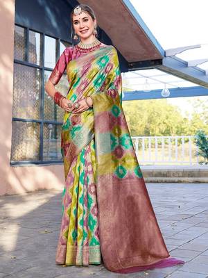 Green abstract woven design zari organza saree 2