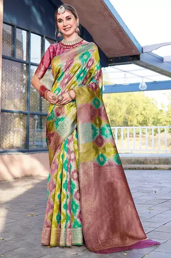 Green abstract woven design zari organza saree