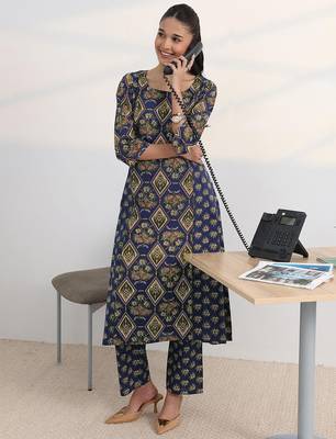 libas blue floral printed cotton blend a-line kurta set 1