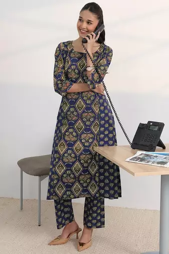 libas blue floral printed cotton blend a-line kurta set