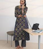 libas blue floral printed cotton blend a-line kurta set