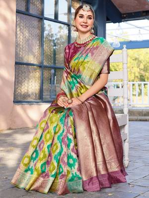 Green abstract woven design zari organza saree 3