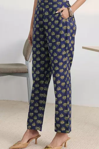 libas blue floral printed cotton blend a-line kurta set