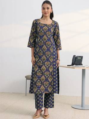libas blue floral printed cotton blend a-line kurta set 3