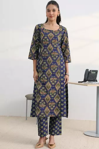 libas blue floral printed cotton blend a-line kurta set