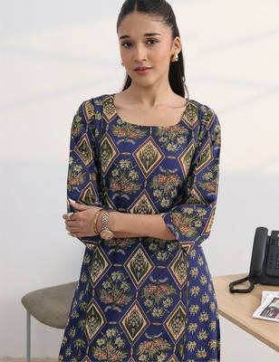 libas blue floral printed cotton blend a-line kurta set 4