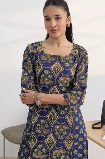 libas blue floral printed cotton blend a-line kurta set