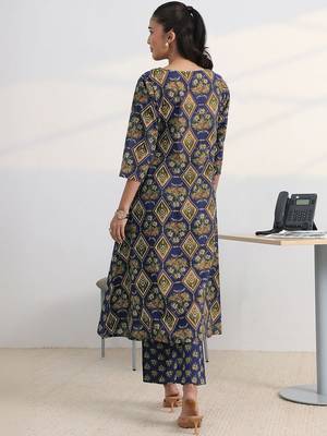 libas blue floral printed cotton blend a-line kurta set 5