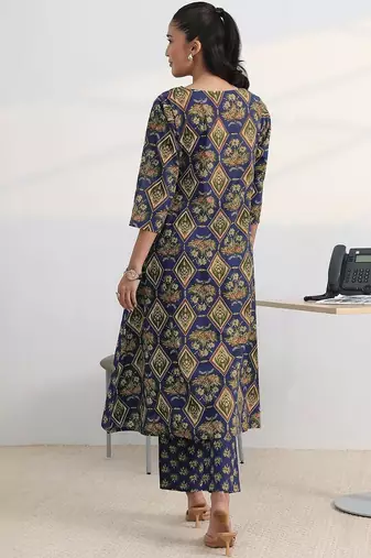 libas blue floral printed cotton blend a-line kurta set