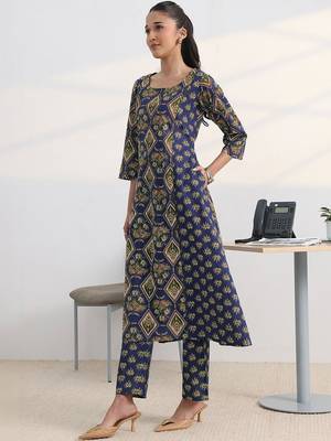 libas blue floral printed cotton blend a-line kurta set 6