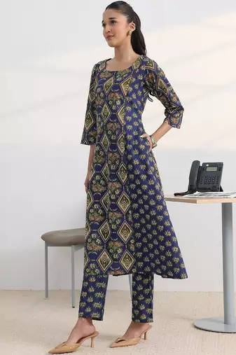 libas blue floral printed cotton blend a-line kurta set