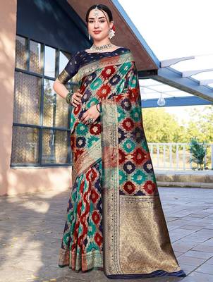 Blue woven design ethnic motifs printed zari organza saree 1