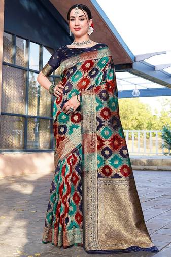 Blue woven design ethnic motifs printed zari organza saree