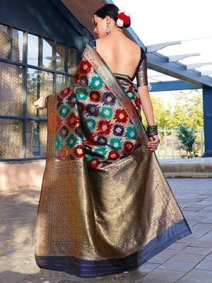 Blue woven design ethnic motifs printed zari organza saree 2